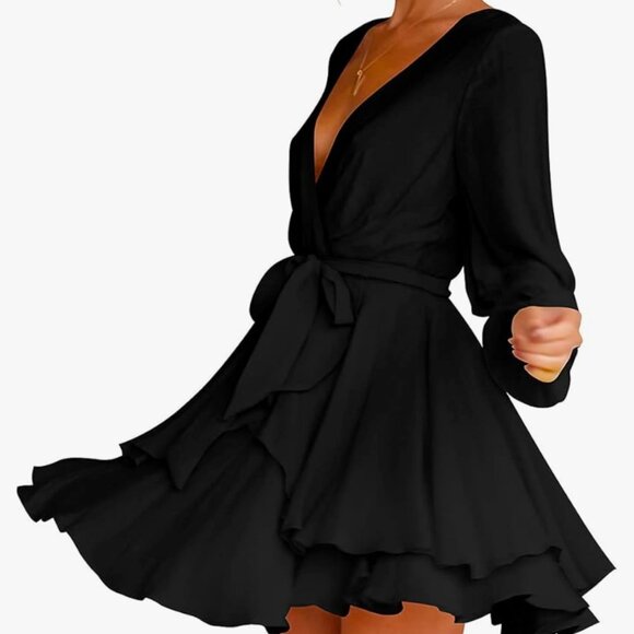 Black Chiffon V Neck Wrap Dress with Tie - Never Worn - Picture 3 of 4